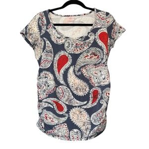 Motherhood Maternity Top Womens Size M Blue White Red Paisley S/S Gathered Sides